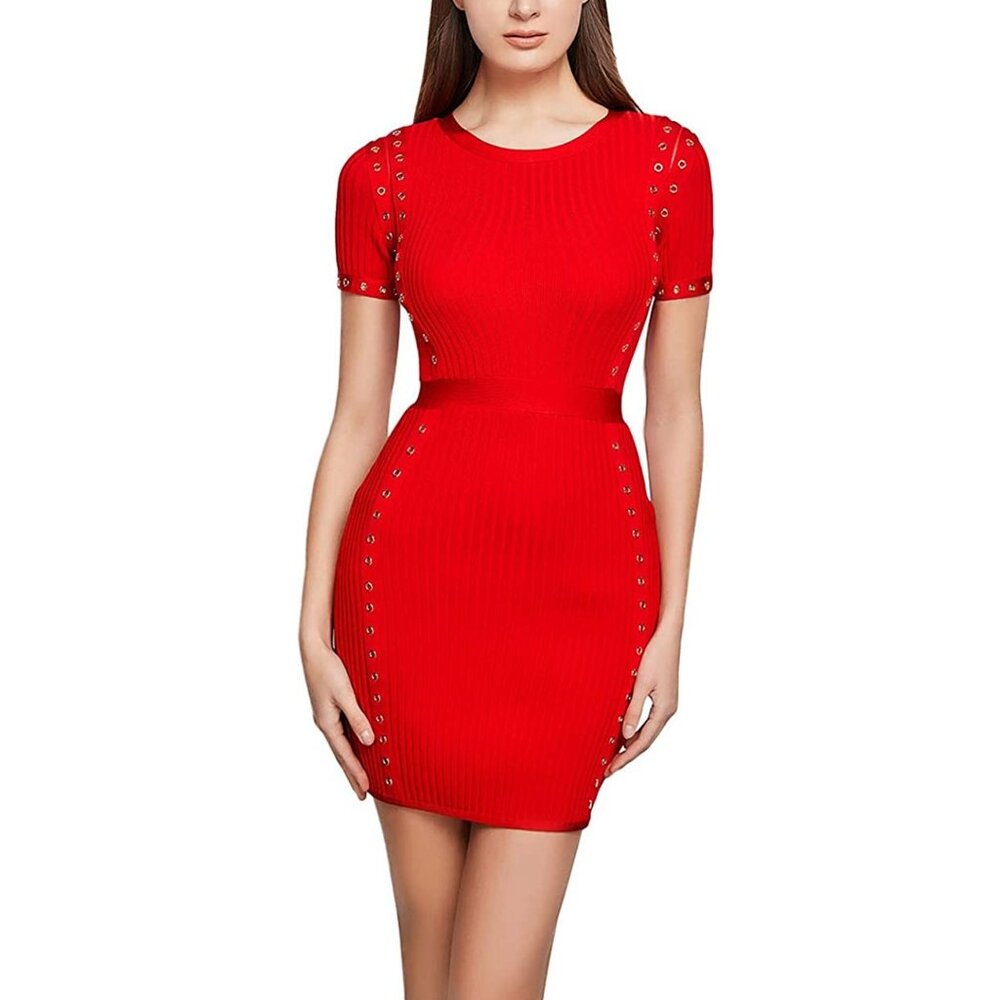 Punch Hole Punk Look Red Mini Dress Bodycon Short Sleeve Ribbed Bandage Fit M